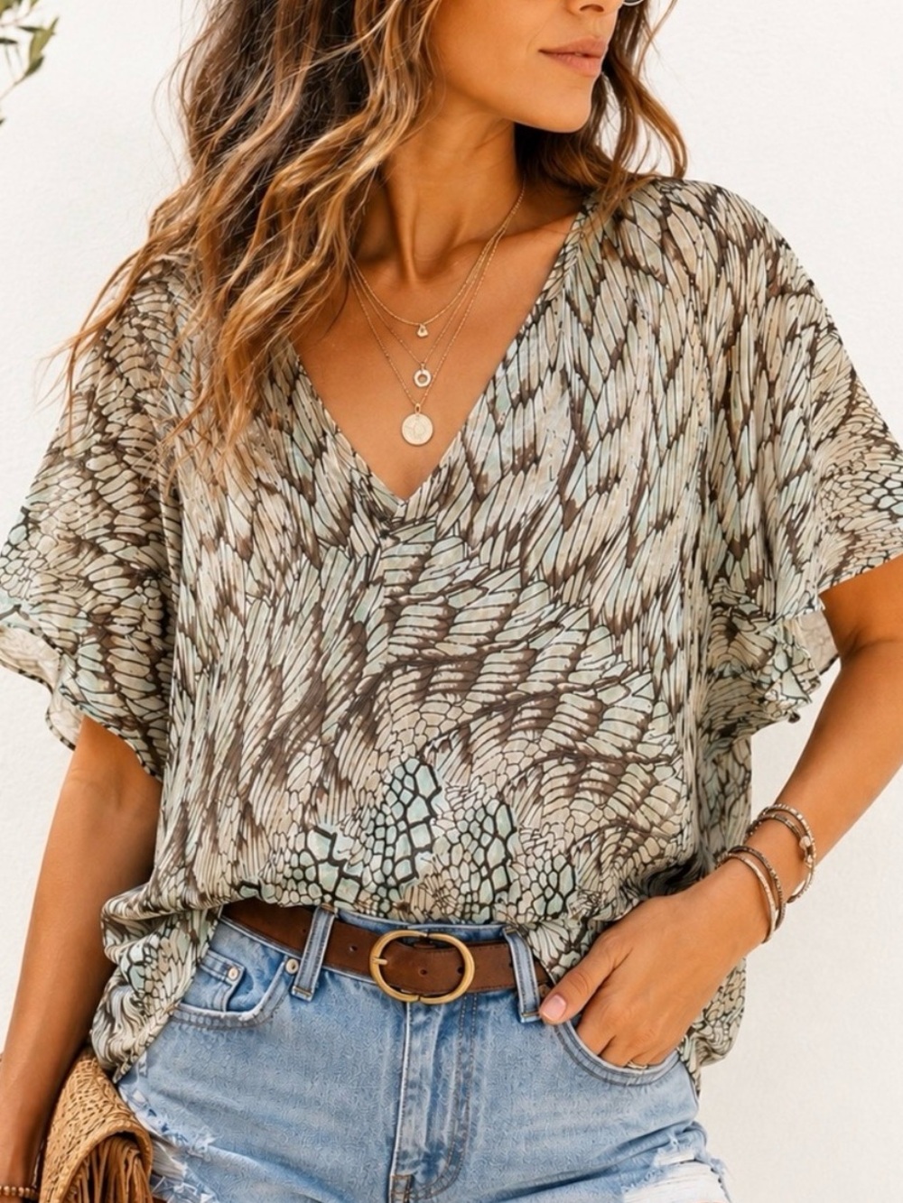 MM Couture 100% Silk Boho Blouse Flutter Sleeve Abstract Print Medium